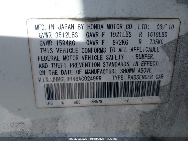 2010 HONDA FIT SPORT VIN: JHMGE8H46AC024999