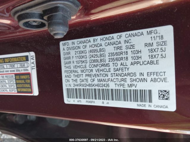 2HKRW2H85KH602426 Honda Cr-v Ex-l