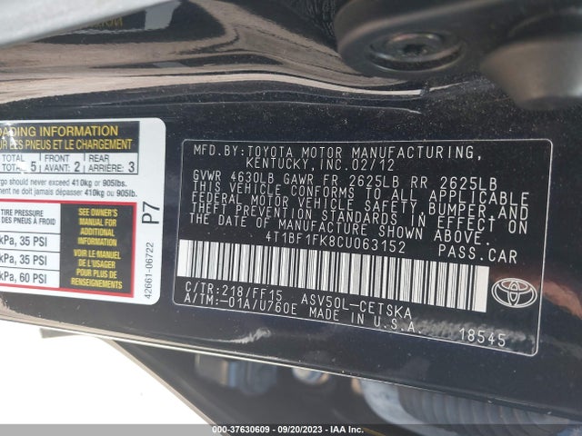 2012 TOYOTA CAMRY L/LE/SE/XLE VIN: 4T1BF1FK8CU063152