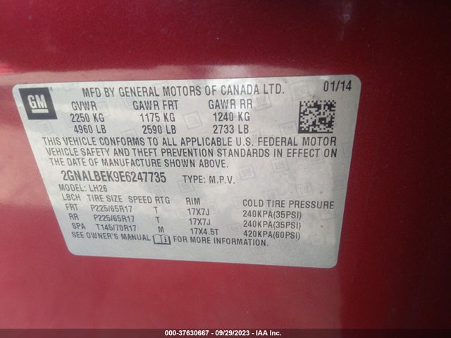 Chevrolet EQUINOX LT 2014 2GNALBEK9E6247735 Image 9