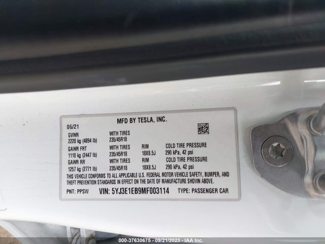 Tesla Model 3 Long Range 2021 5YJ3E1EB9MF003114 Image 9