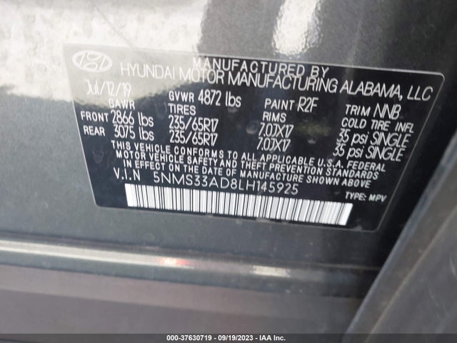 2020 HYUNDAI SANTA FE SEL W/SULEV VIN: 5NMS33AD8LH145925