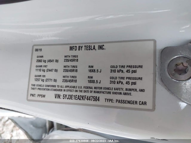 Tesla Model 3 Range 2019 5YJ3E1EA2KF447584 Image 9