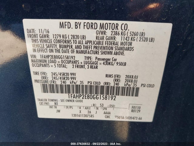 Ford TAURUS SEL 2016 1FAHP2E80GG158192 Image 9