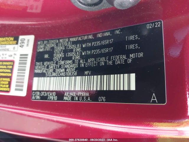 Toyota SIENNA XLE 2022 5TDJRKEC4NS108358 Image 9
