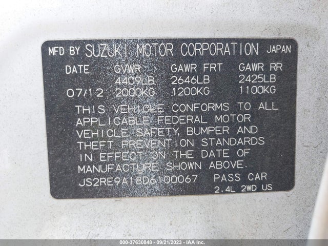 2013 SUZUKI KIZASHI BASE VIN: JS2RE9A18D6100067