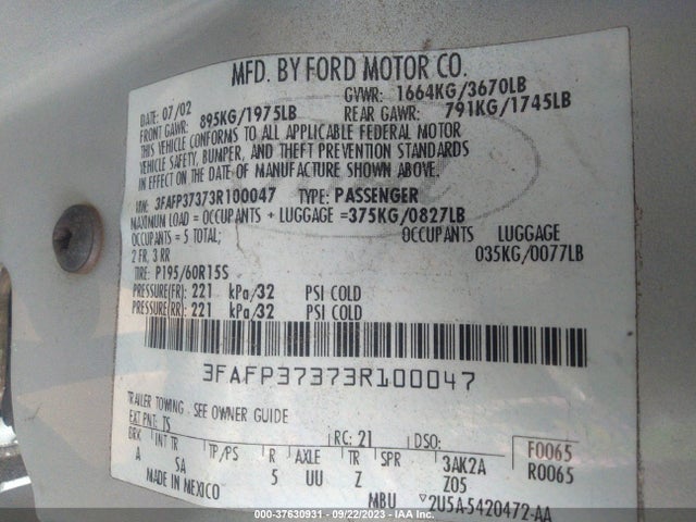 2003 FORD FOCUS ZX5 VIN: 3FAFP37373R100047