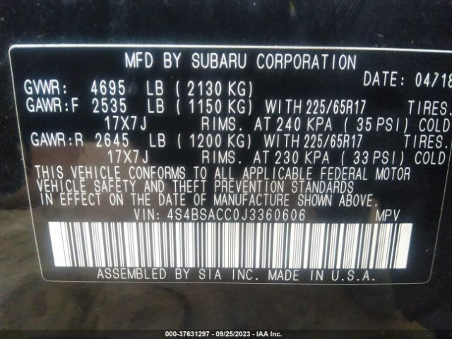 4S4BSACC0J3360606 Subaru Outback Premium