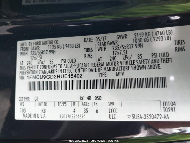 2017 FORD ESCAPE SE VIN: 1FMCU9GD2HUE15402