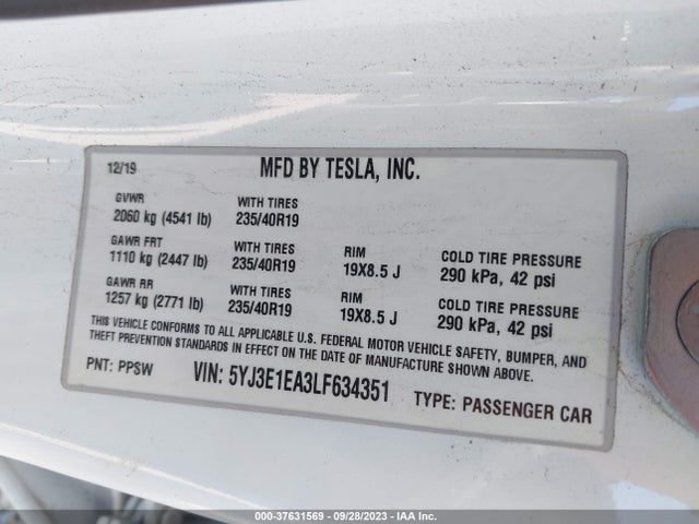 2020 Tesla 3, VIN: 5YJ3E1EA3LF634351