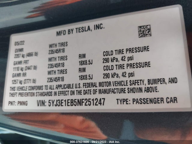 5YJ3E1EB5NF251247 Tesla Model 3 Long Range