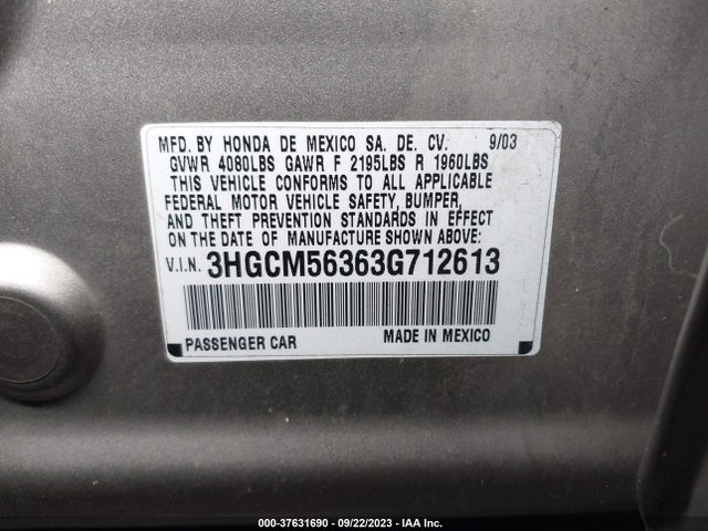 2003 HONDA ACCORD 2.4 LX VIN: 3HGCM56363G712613