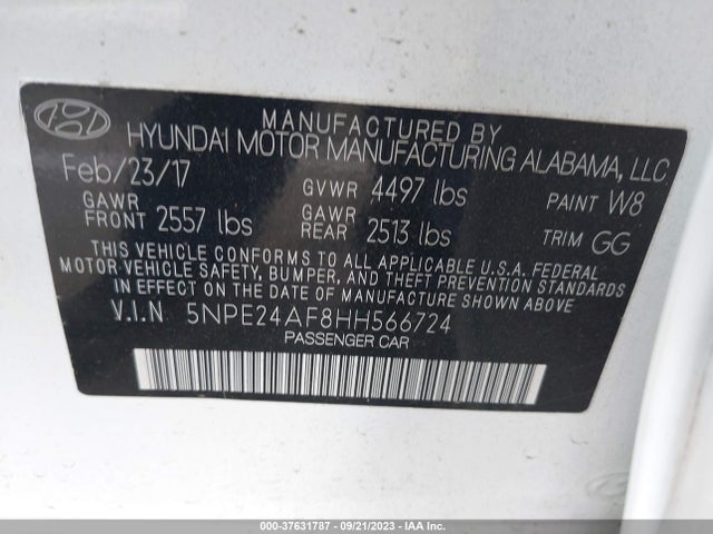 2017 HYUNDAI SONATA SE VIN: 5NPE24AF8HH566724