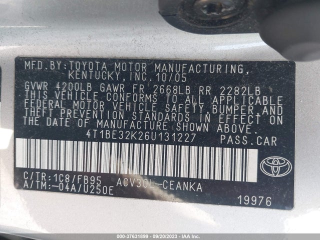 2006 TOYOTA CAMRY STD/LE/SE/XLE VIN: 4T1BE32K26U131227