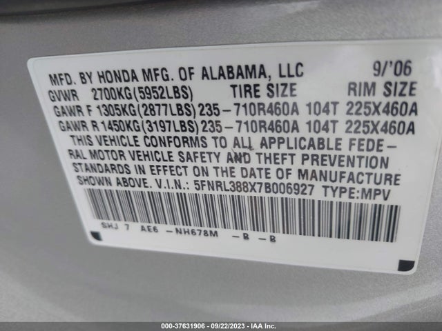 2007 HONDA ODYSSEY TOURING VIN: 5FNRL388X7B006927