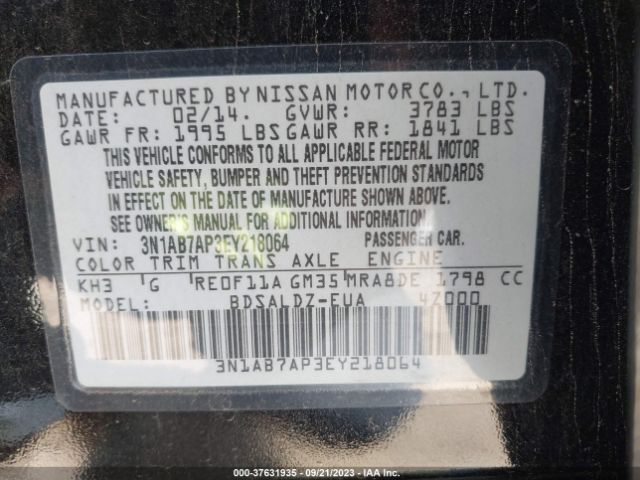 3N1AB7AP3EY218064 Nissan Sentra S/fe+ S/sv/fe+ Sv/sr/sl