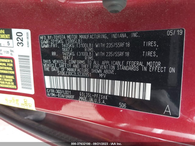 2020 TOYOTA SIENNA SE VIN: 5TDEZ3DC2LS230951
