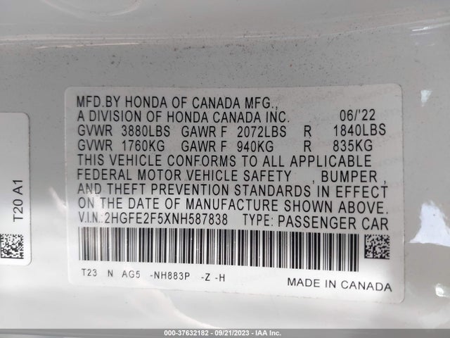 2022 HONDA CIVIC SPORT VIN: 2HGFE2F5XNH587838