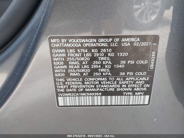 1V2WR2CA1MC569359 Volkswagen Atlas 3.6l V6 Se W/technology