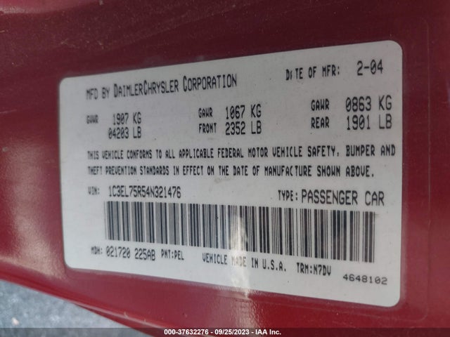 2004 CHRYSLER SEBRING GTC VIN: 1C3EL75R54N321476