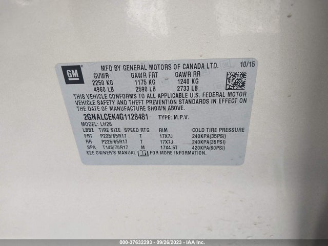 Chevrolet EQUINOX LT 2016 2GNALCEK4G1128481 Image 9