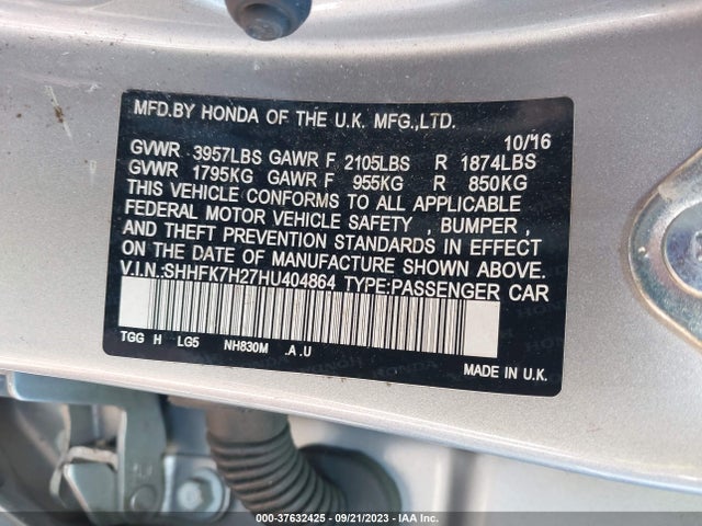 Honda Civic Hatchback Lx 2017 SHHFK7H27HU404864 Image 9