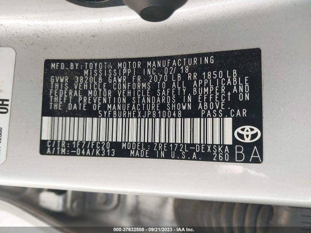 Продаж на аукціоні авто 2018 Toyota Corolla L/le/xle/se/xse, vin: 5YFBURHEXJP810048, номер лоту: 37632508