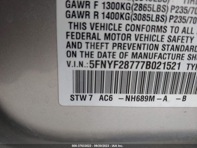 2007 HONDA PILOT EX-L VIN: 5FNYF28777B021521