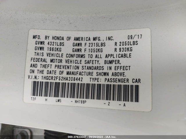 2017 HONDA ACCORD SEDAN SPORT VIN: 1HGCR2F52HA308442