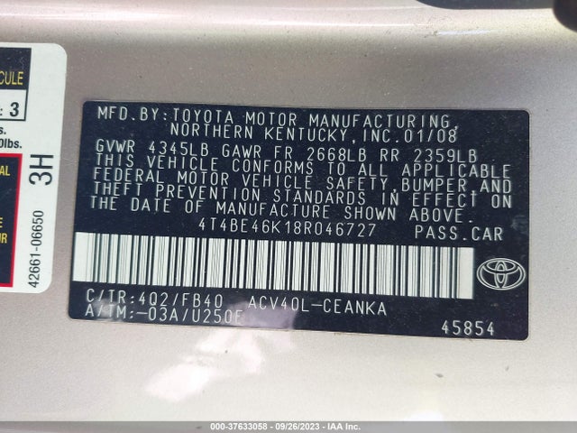 2008 TOYOTA CAMRY VIN: 4T4BE46K18R046727