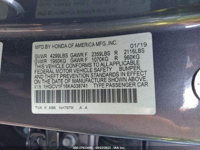 1HGCV1F16KA038741 Honda Accord Sedan Lx 1.5t