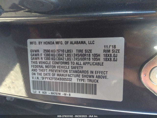 Honda Ridgeline Rtl 2019 5FPYK2F55KB005332 Image 9