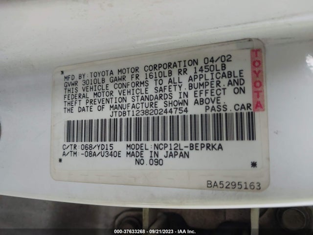 2002 TOYOTA ECHO VIN: JTDBT123820244754