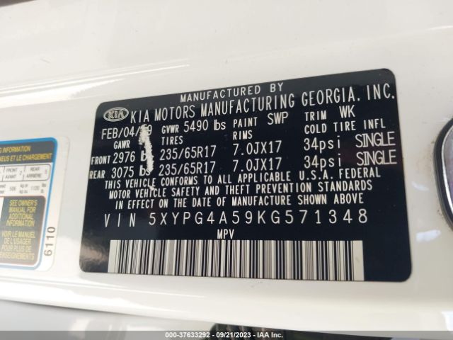 5XYPG4A59KG571348 KIA Sorento Lx V6