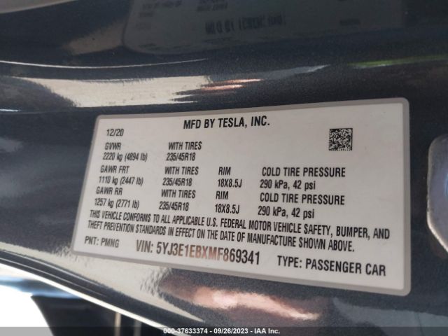 5YJ3E1EBXMF869341 Tesla Model 3 Long Range