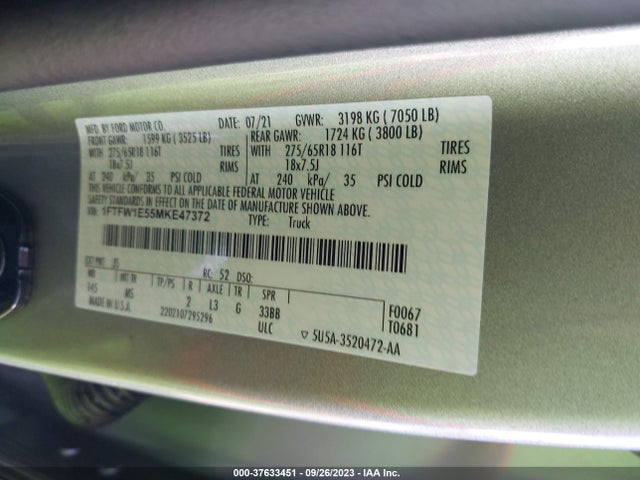 Ford F-150 Xl/xlt/lariat 2021 1FTFW1E55MKE47372 Image 9