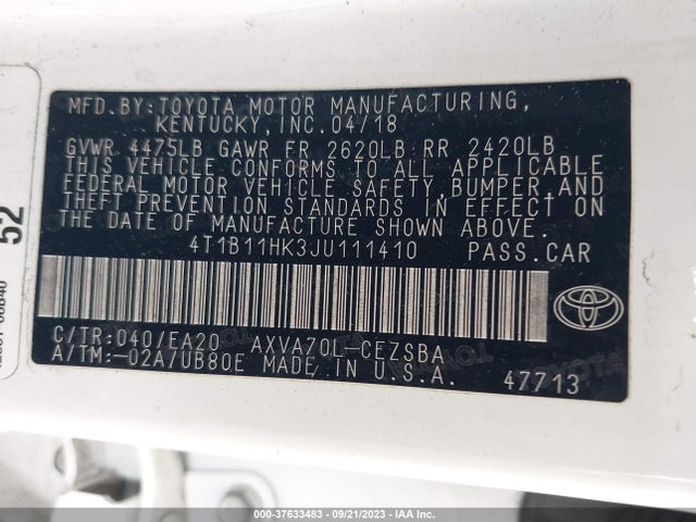 Toyota CAMRY SE 2018 4T1B11HK3JU111410 Image 9