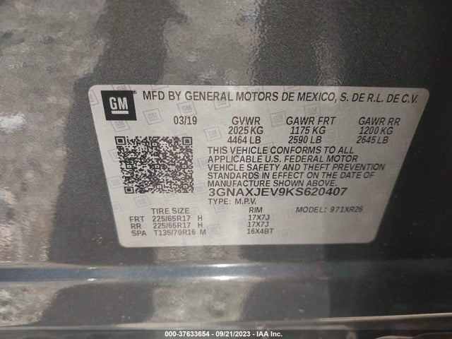 2019 CHEVROLET EQUINOX LT VIN: 3GNAXJEV9KS620407