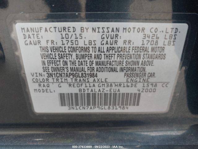 3N1CN7AP9GL831984 Nissan Versa S Plus