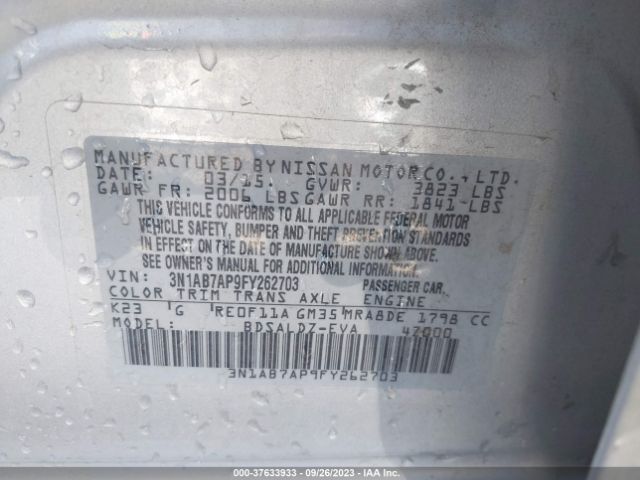 3N1AB7AP9FY262703 Nissan Sentra Sr/sl/s/sv/fe+ S