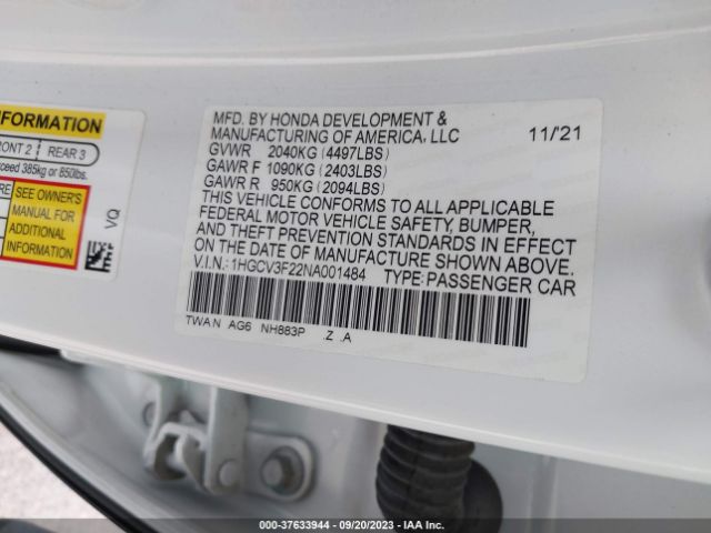 1HGCV3F22NA001484 Honda Accord Hybrid Sport