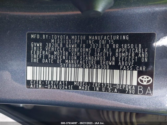2016 TOYOTA COROLLA L/LE/S/S PLUS/LE PLUS VIN: 5YFBURHE0GP368308