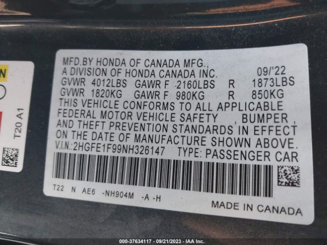 2HGFE1F99NH326147 Honda Civic Sedan Touring