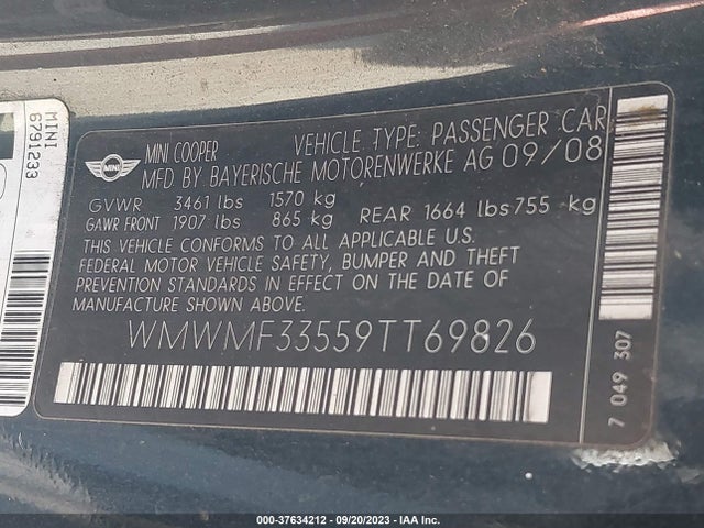 2009 MINI COOPER HARDTOP VIN: WMWMF33559TT69826