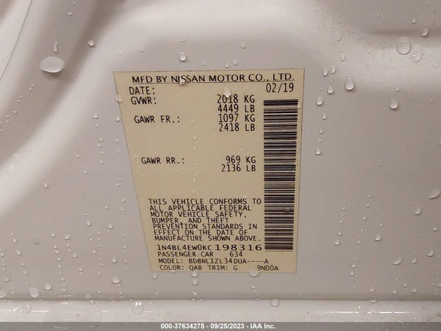 2019 NISSAN ALTIMA 2.5 SL VIN: 1N4BL4EW0KC198316