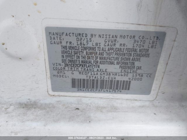 3N1CE2CPXFL417174 Nissan Versa Note S/s Plus/sv/sr/sl