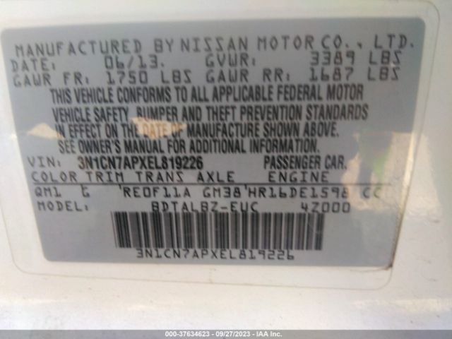 3N1CN7APXEL819226 Nissan VERSA SV