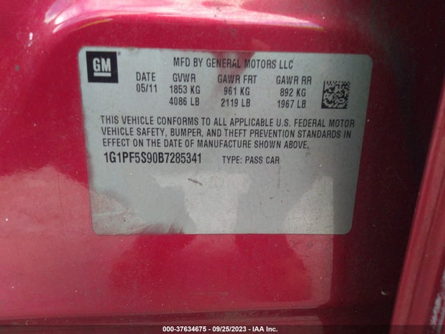 2011 CHEVROLET CRUZE LT W/1LT VIN: 1G1PF5S90B7285341