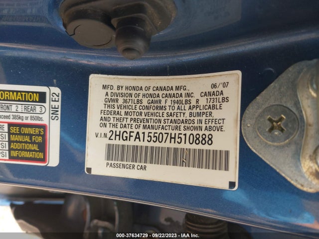 2007 HONDA CIVIC SDN LX VIN: 2HGFA15507H510888