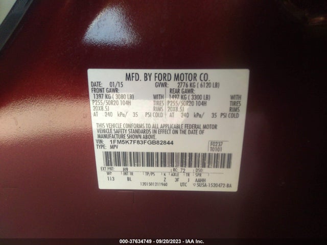 2015 FORD EXPLORER LIMITED VIN: 1FM5K7F83FGB82844